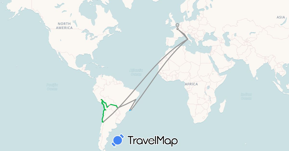 TravelMap itinerary: driving, bus, plane, train, hiking, boat in Bolivia, Brazil, Chile, France, Italy, Peru (Europe, South America)